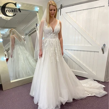 Croadia Pastrol 2023 Модерни сватбени рокли, ушити по поръчка, придворен останаха без ръкави, нови апликации сватбена рокля за годеж Плюс