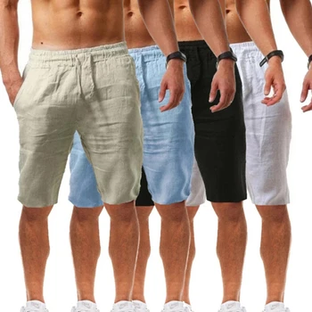 2023 Нови мъжки памук, ленени шорти, летни ежедневни дишащи обикновена ленени къси панталони, градинска облекло за фитнес, панталони