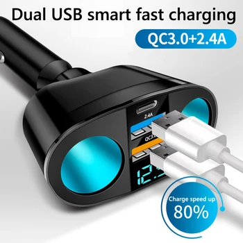 USB Зарядно Устройство Адаптер за Захранване на LED Дигитален Дисплей Бързо Зареждане на Запалки Type-C + QC3.0 + 2.4 A 12/24-120 W