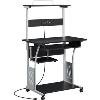 3 ниво, компютърна маса с зареждащата станция, рафт за принтер за домашния офис, черен