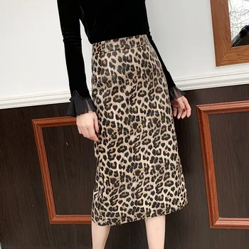 Демисезонные женски леопардовые поли от естествена кожа с високо качество, секси дамска кожена пола-молив с висока засаждане C641