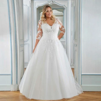 Класически прекрасни и благородни сватбени рокли големи размери, с 3/4 ръкави и V-образно деколте, лейси апликация, А-образен контур, сватбени рокли за жени