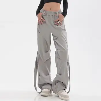 Дамски панталони-карго, дизайнерски панталон с копчета и каишка, ретро улични свободни панталони, широки плисирани дълги панталони с еластична талия
