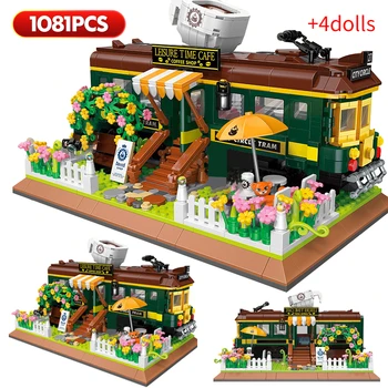 1081 бр. градски творчески влак Кафе магазин Мини модел на Строителни блокове Кафене Тухли играчки за Коледни подаръци за деца