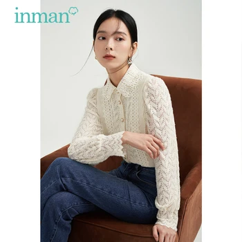Дамска блуза INMAN 2023, есенни свободни ризи с дълги ръкави и ревери, изящни дантелени сладки универсални капаци кайсиев цвят