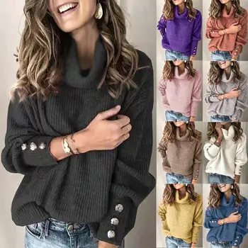 Пуловер за жени 2023 есенно-зимния пуловер с висока воротом, женски обикновен пуловер с дълъг ръкав