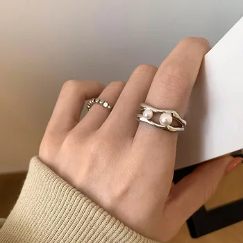 Стерлинговое сребро 925 проба Грешни двойни топки открити пръстени за жени, Женски прост ретро стил с ръчно изработени Изящни бижута бижутерия за рожден ден
