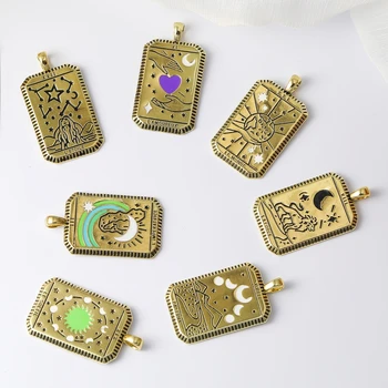 Juya САМ Антични златни етикети Ръчно изработени висулки с емайл под формата на Зодиака, Луна, звезди, сърца, за ръкоделието, ретро-окачване, производство на бижута
