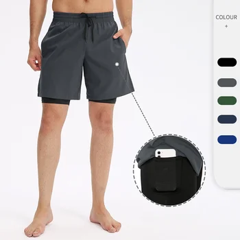 Мъжки фалшиви шорти за фитнес, на две части, стегнати баскетболни панталони за джогинг с висок отскок, бързо съхнещи двуслойни шорти за фитнес зала