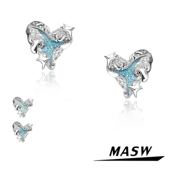 MASW Оригинален дизайн, стръмни тенденция бижута, благородна мед със синьо-зелено обици-карамфили във формата на сърце със звезда за жени, подарък за момиче 2023