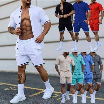 Мъжки летни комплекти дрехи от 2 теми, модни комплекти за почивка, мъжка жилетка с къси ръкави, тениска и къси панталони, комплекти