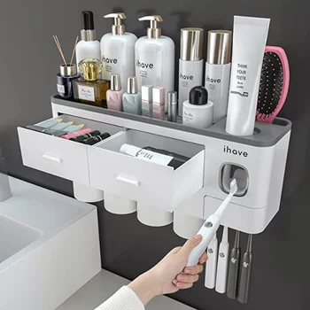 Стенен държач за четка за зъби, автоматичен опаковка на паста за зъби, набор за екструдиране -магнитен държач за четка за зъби за баня и тоалетна масичка