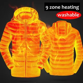 Jaket Hangat Musim Dingin Dipanaskan 9 Tempat untuk Jaket Pria dengan Bantalan Pemanas USB Termostat Pintar Warna Murni Pakaian