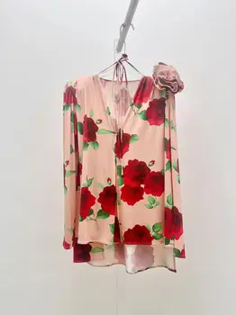 Модерна луксозна блуза 2023, лято-пролет, нов дизайн, дамски блуза с флорални принтом за подиум, благородна блуза с дълги ръкави и V-образно деколте