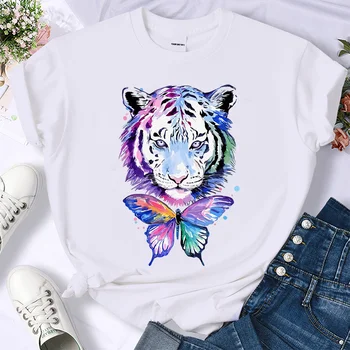 Летни дамски памучен тениска с принтом тигрова пеперуда, къс ръкав, ежедневна мода, Harajuku, на база висококачествен топ безплатна доставка
