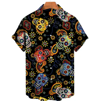Летни мъжки ризи за почивка, модерни плажни върхове с принтом на черепа, готически блузи с къс ръкав, хавайски ризи, мъжки 2023