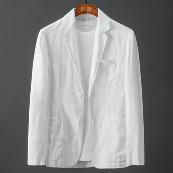 Бял хлопчатобумажный бельо костюм, палто, мъжки пролетно-летния обикновен тънък всекидневни бизнес мъжки блейзър, удобни дишащи яке