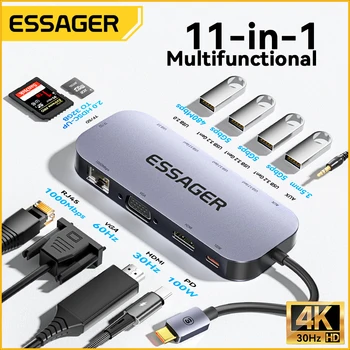 Essager 11 в 1 C USB ХЪБ 4K 30HZ Type C Зарядно устройство За Macbook Air Pro Адаптор-Сплитер За Преносими компютри, Съвместими с HDMI, RJ-45