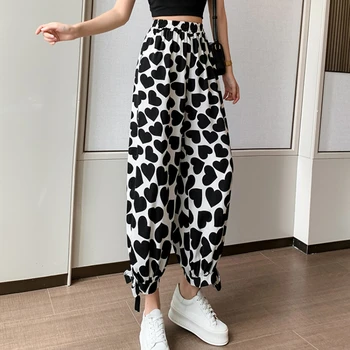 Дамски корейски модни панталони с принтом на щиколотке 2021 Ежедневните свободни зреещи, шифоновые панталони, удобни дамски летни панталони, сладък