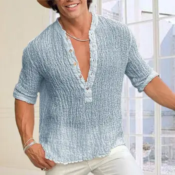 Мъжки летен топ с V-образно деколте, мек, удобен всекидневен пуловер с къс ръкав, тениска, ежедневна блуза, мъжки дрехи, мъжки риза мъжка тениска