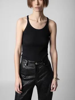Лято 2023, женски жилетка с кръгло деколте, бял или черен, 100% памук, топ без ръкави с модел под формата на ребра отзад за жени