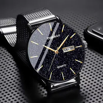 Автоматични часовници мъжки водоустойчив светещи кварцови часовници мода звездното небе черна технология dual календар