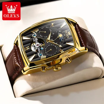 OLEVS Луксозни механични часовници с правоъгълно циферблат, водоустойчив кожа, автоматични светещи часовници, бизнес мъжки relogios masculino