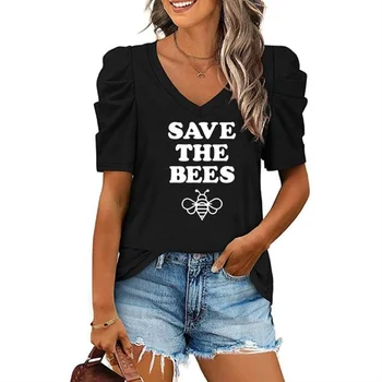 Тениски с V-образно деколте и къс ръкав, топ, дамски лятна ежедневни реколта дрехи в стил мозайка Save The Bees, пуловер 2022, модна тениска Y2K