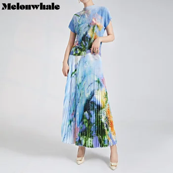 MelonWhale / Модни нагънат комплекти от две части, дамски топ с флорални принтом, къс ръкав, обтягивающий топ, панталон с еластична талия, елегантни дамски новост