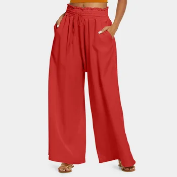 Модни нови ежедневни широки панталони, обикновена панталони с еластичен ластик на талията, дамски пролетно-летни панталони с джобове, свободни елегантни панталони дантела 2023