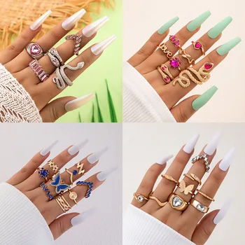 Нов комплект пръстени с геометричен модел под формата на кристали за жени, колоритен планински кристал, сърце, пеперуда, змия, годежен пръстен на пръста, бижута в стил Бохо