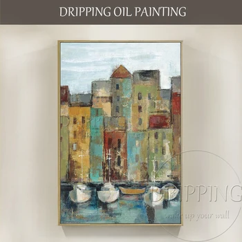 Квалифициран художник, ръчно рисувани, благородна абстрактна живопис с маслени бои в пристанището на Стария град на платно, изобразително изкуство, абстрактна живопис с маслени бои в пристанището