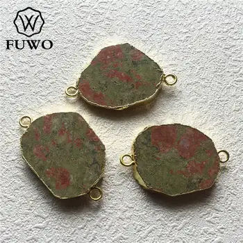 FUWO Модни нерегулярная окачване-конектор от унакита с покритие на злато, бижута от естествен камък на едро, 5 бр. / лот PD219