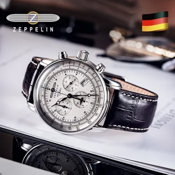 Мъжки часовник Zeppelin, водоустойчив луксозни кожени бизнес ежедневни кварцови часовници, мъжки многофункционални хронограф с три очи