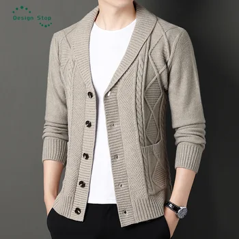 Вълна мъжка мода, вязаный жилетка пуловер на мъжката марка за луксозни плетени ревера однобортный случайни трико