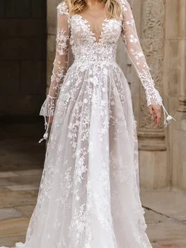 Секси дантелено бяла сватбена рокля с отворен гръб 2023, с кръгло деколте и аппликацией, с дълги ръкави, Макси, Сватбената рокля на известни личности за жени, Vestido De Новия