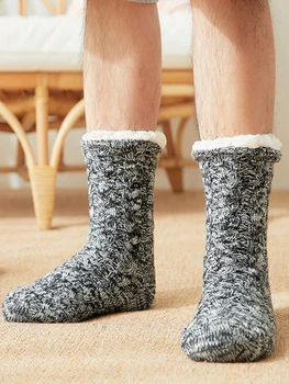 Ежедневните домашни флисовые минерални зимни дебели топли мъжки модни нескользящие чорапи, нови трикотажни акрилни чорапи за екипажа, противоскользящий пол, 1 чифт