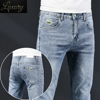 Мъжки сини стегнати дънки, нови прости тенденция стрейчевые тънък панталон-молив, обикновена модни корейски дънкови панталони средна талия