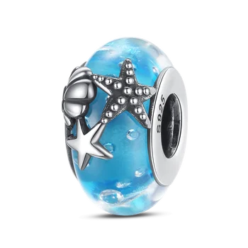 Луксозен шарм от сребро 925 проба, океано-сини стъклени мъниста, подходящ за оригинален браслету Пандора, женски ювелирному подарък за рожден ден