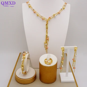 Прекрасен романтичен комплект бижута със злато в Дубай, огърлица от цветни мъниста, обици за жени, подаръчен комплект бижута за сватбения банкет