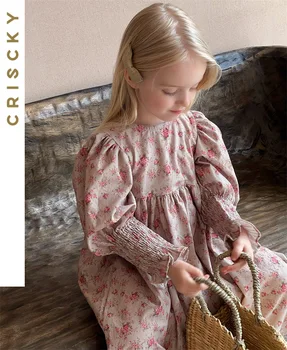 Хубава рокля за момиченца, дрехи за малките момичета, 2023, пролетно-есенен детски дрехи, детска рокля с флорални принтом и дълги ръкави