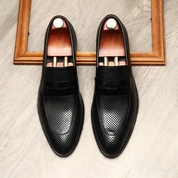 Класически мъжки мокасини в черно, кафяво от естествена кожа, мъжки модел обувки без закопчалка ръчно изработени обувки за сватбени партита, официални костюми, мъжки обувки