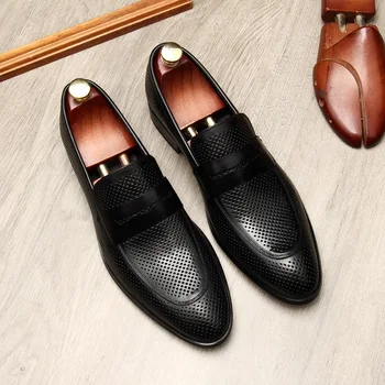 Класически мъжки мокасини в черно, кафяво от естествена кожа, мъжки модел обувки без закопчалка ръчно изработени обувки за сватбени партита, официални костюми, мъжки обувки Класически мъжки мокасини в черно, кафяво от естествена кожа, мъжки модел обувки без закопчалка ръчно изработени обувки за сватбени партита, официални костюми, мъжки обувки 1