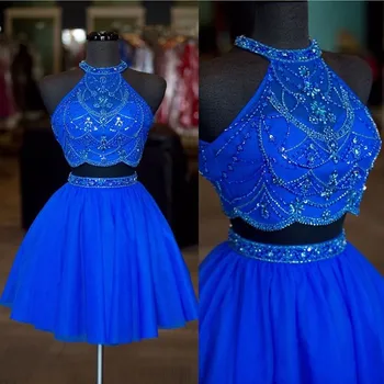 Королевско-сини рокли за среща на завършилите от две части от тюл, къса рокля за абитуриентски бал с кристали, расшитое мъниста, вечерни рокли, vestidos de fiesta