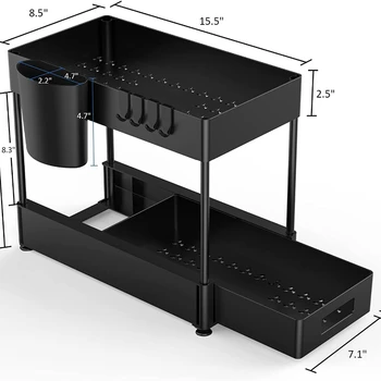 Amazon Design 2 нива, кухненски шкаф за баня под мивката, органайзер, с чекмедже, рафтове за съхранение