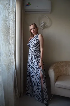 2023 Ново бельо секси рокля с отворен гръб, с един крив рамо, с две рамене, без ръкави, под формата на зебра, дълга рокля