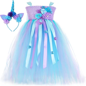 Рокля с русалочкой и единорогом за момичета, детски рокли-опаковки от цвете от тюл за момичета, бална рокля за парти в чест на рождения ден, детски костюм принцеса на Хелоуин