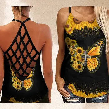 Дамска мода, без ръкави, с отворен гръб, с флорални принтом, пеперуда, слънчоглед, на кръст, майк, най-йога XS-8XL
