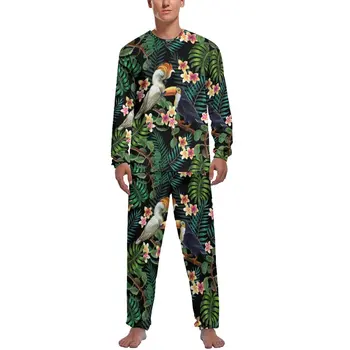 Пижама с палмови листа и гора, с флорални принтом и птици, с дълъг ръкав, сладки пижамные комплекти от две части, есен облекло за сън, подарък за рожден ден