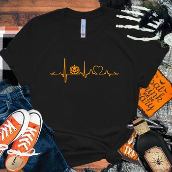 Тениска с принтом сърцето на тикви за Хелоуин, къс ръкав, О-образно деколте, свободна жена лятна готина тениска, дамска тениска, потници, облекло
